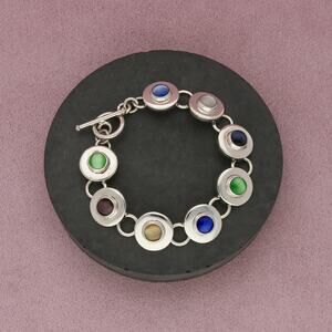 mexico sterling silver vintage multi-colored tigers eye toggle bracelet size 7in